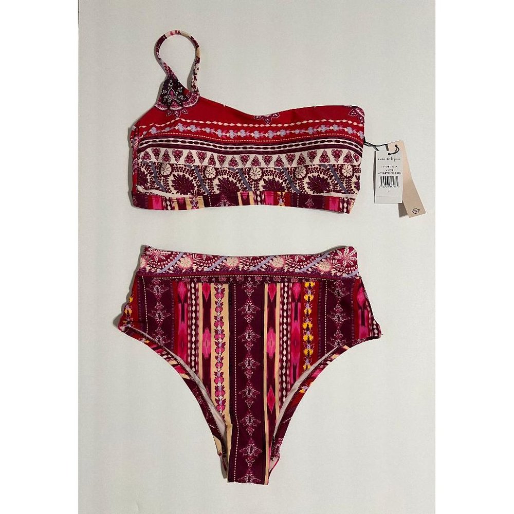 Nanette Lepore Aster Asymmetrical Top & High Waisted Bikini Swimsuit Set Multi 4